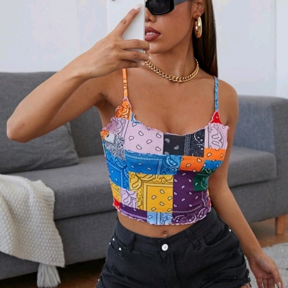 Lettuce Trim Patchwork Crop Top